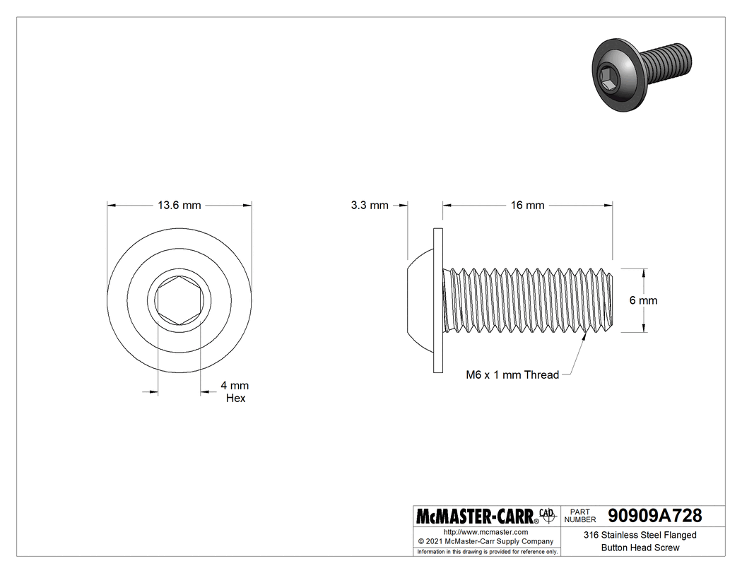 Technical Drawing of 316 Stainless Steel Flanged Button Head Screw, M6 x 1mm Thread, 16mm Long.